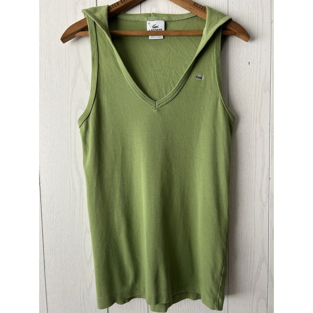 Rare Vintage Y2K Lacoste Hooded Top Sleeveless 46 XL Green Logo‎ Ribbed